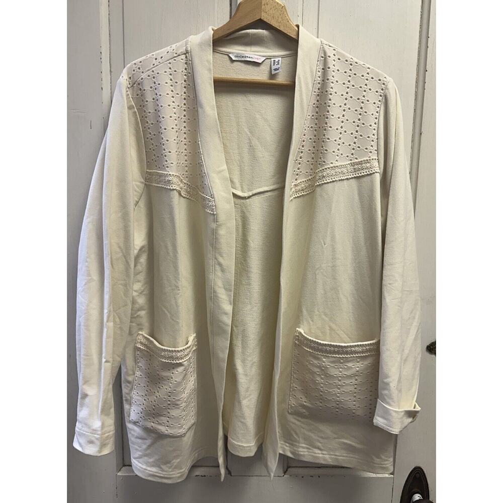 Isaac Mizrahi Ivory Eyelet Accent Cardigan Size 1X Pockets Open